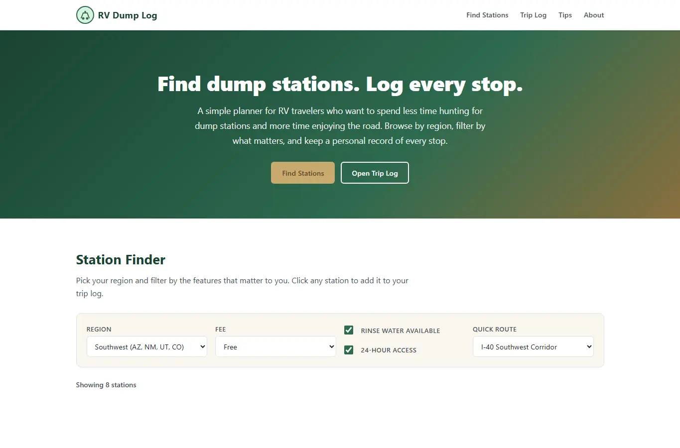 Screenshot of RV Dump Station Finder & Trip Log interface showing the project page in use